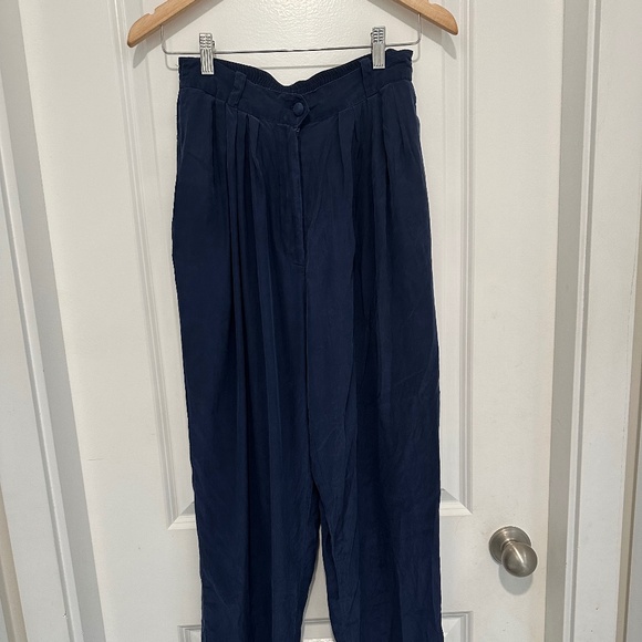 Diane Gilman 100% Silk Pants Vintage Navy Elastic Waist Trouser - Picture 9 of 10